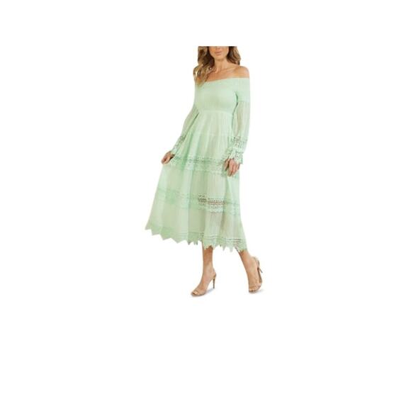 Guess Amberlee Lace-Trim Maxi Dress Aqua Breeze Off Shoulder Size S - Picture 1 of 5